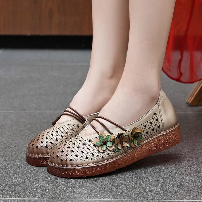 Johnature Flat Sandals Genuine Leather Hollow-out Breathable Retro Soft Soled Women's Shoes