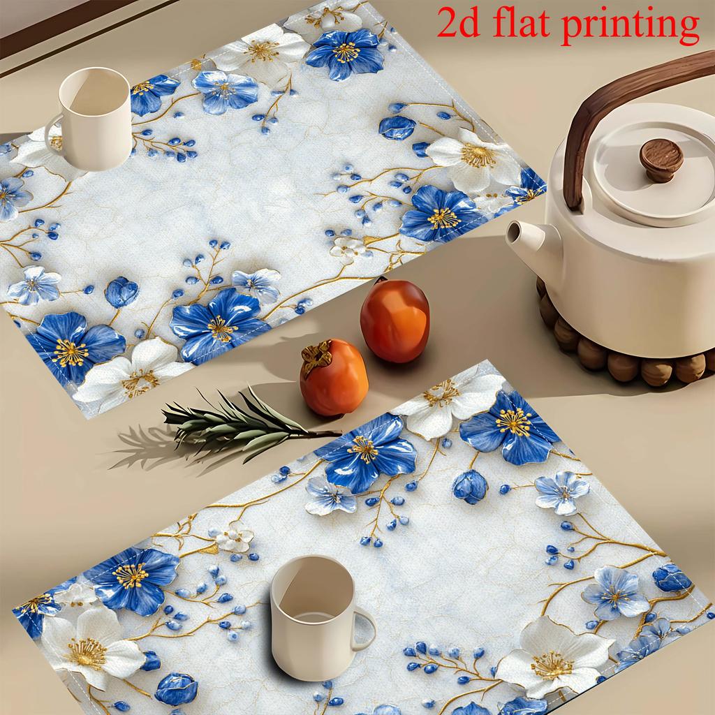4pcs 2D FLAT Digital Print Placemats, Blue and White Floral with Golden Vines, Light Luxury Style Patterned Printed Placemats, To Make Your Dining
