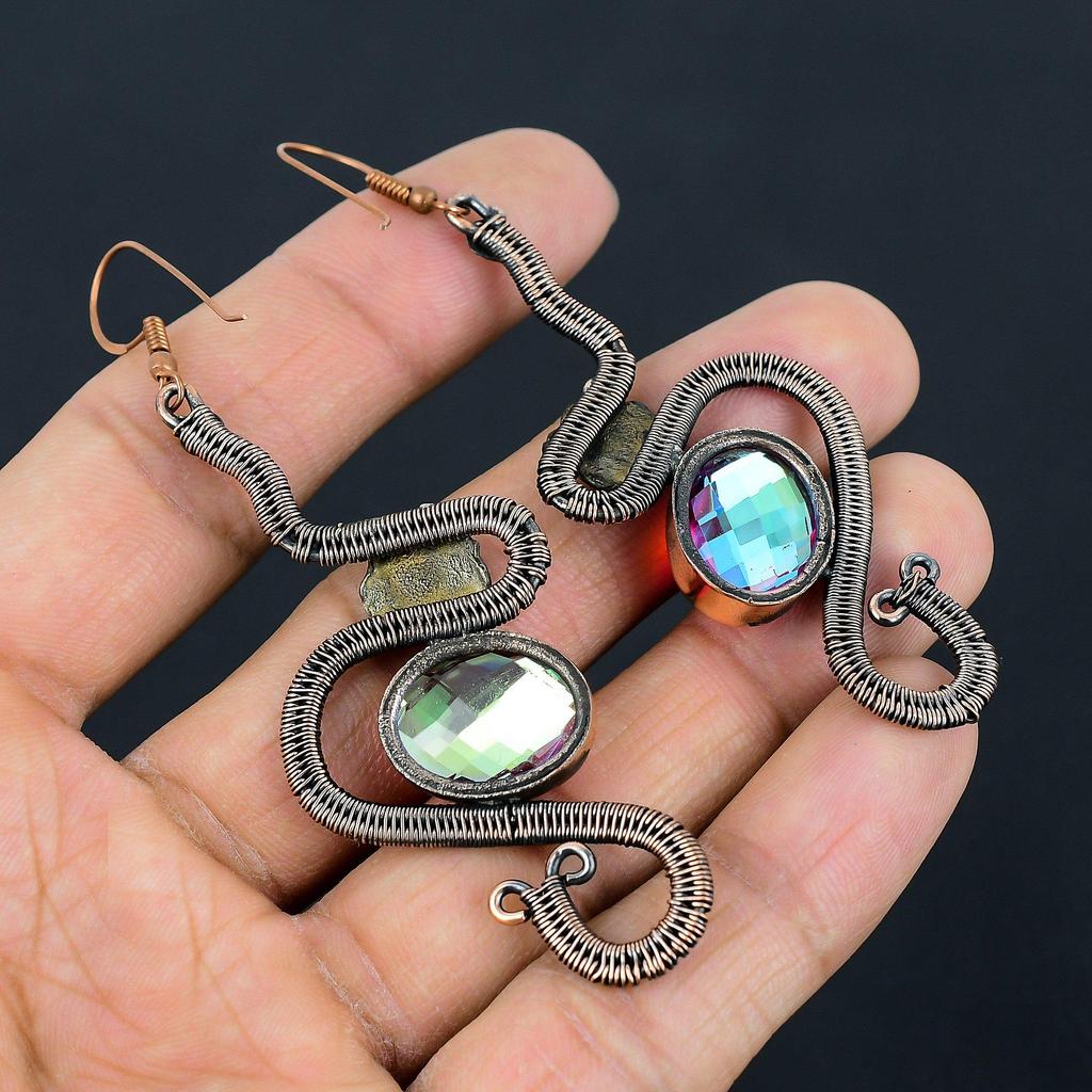 Faceted Mystic Topaz Earrings, 999 Copper Wire Wrapped Earrings, Handmade Gemstone Jewelry, Gifts For Wife Brand New Earrings