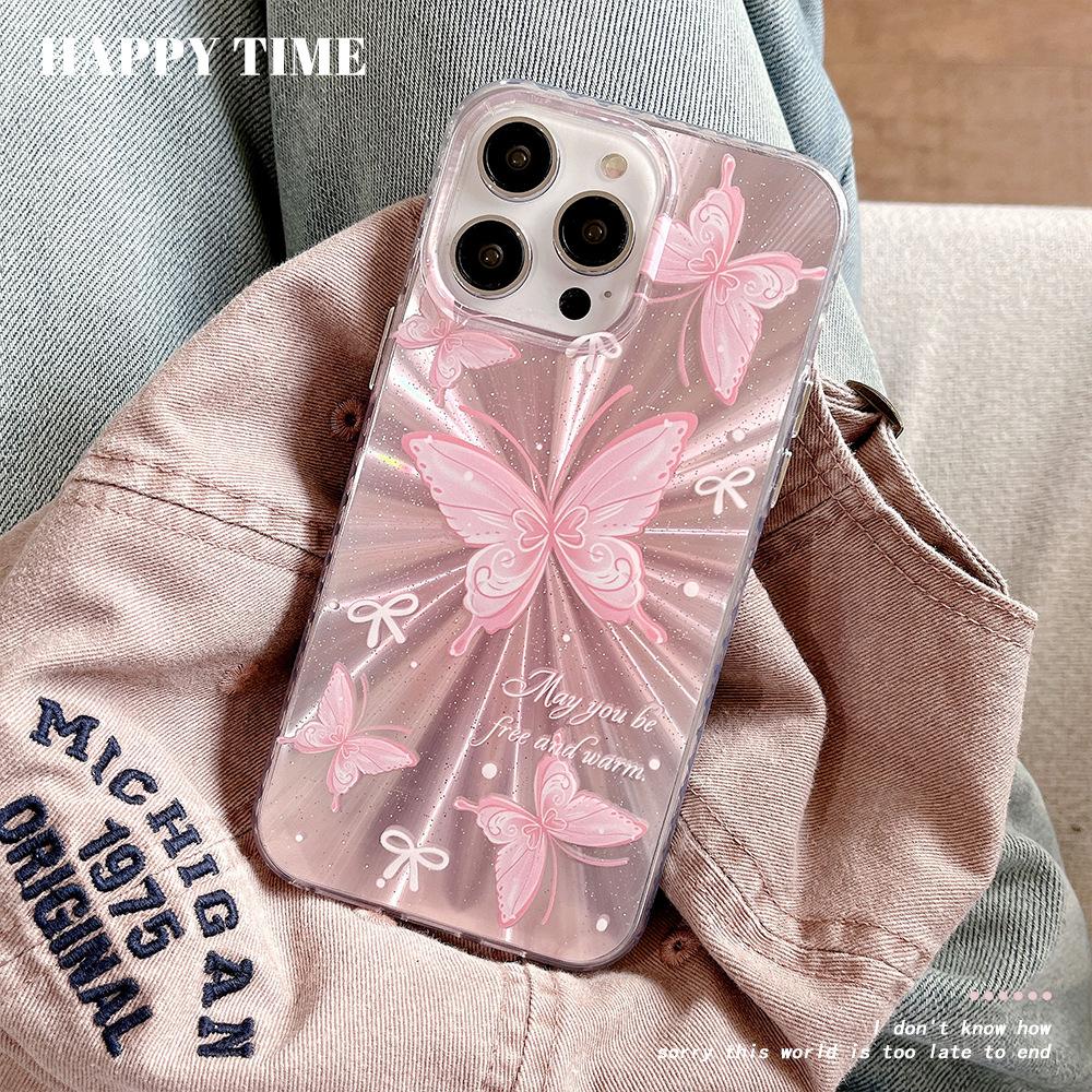 

Pink Butterfly Aurora Laser Phone Case Applicable To Apple 16promax New Apple 15 Protector Case 14 Advanced Apple 15PROMAX