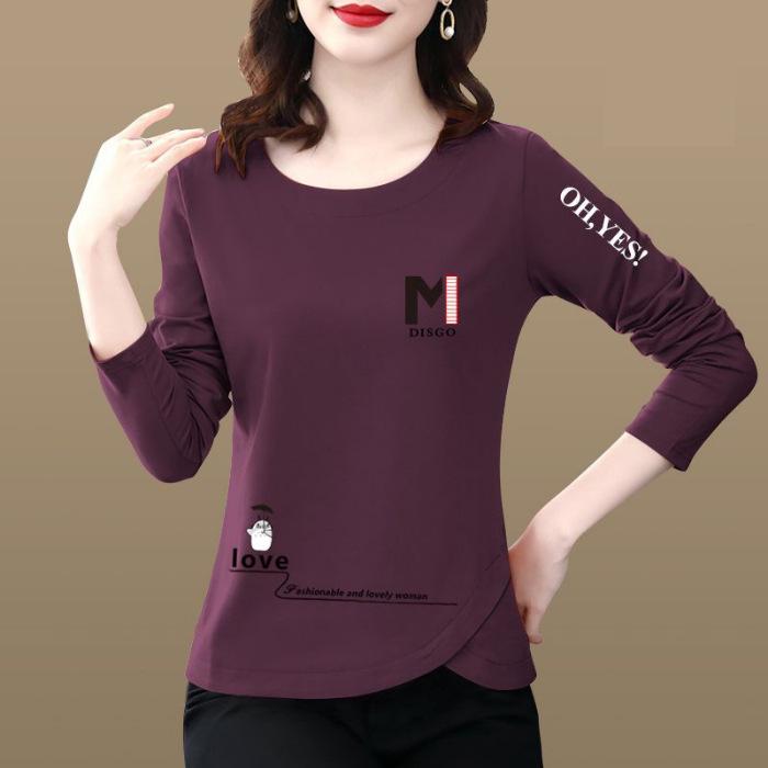 Women's Long Sleeve Slimming Plus Size Autumn T-Shirt - Mid-Aged Mother's Slim Fit with Belly Coverage