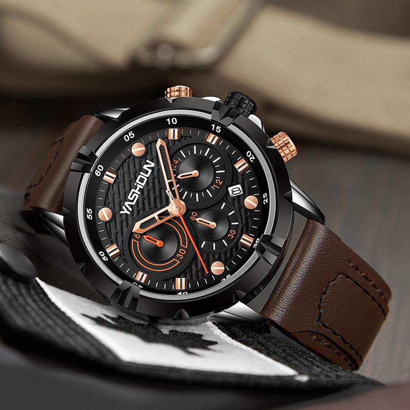 Men's Multi-functional Quartz Sports Watch with Genuine Leather Band