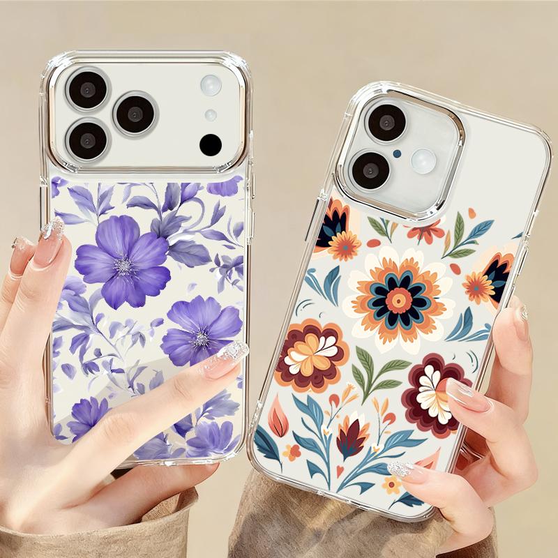 Cartoon Flowers Pattern Case For iPhone 17 Pro Max iPhone 16 15 14 13 Pro Max 11 17e 16e Plating Lens Frame Clear Soft Silicone Back Cover