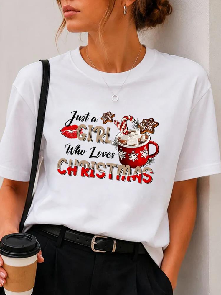 (Asian Size) plaid letter Merry Christmas Fashion Short Sleeve T-shirts Women's Top O-neck T Shirt Print Casual New Year Clothing Graphic Tee