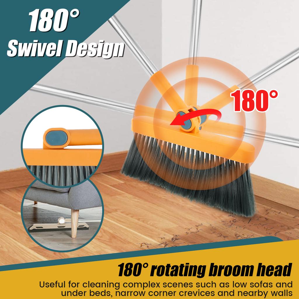3Pcs Household Broom And Dustpan Set 180° Rotating Floor Sweeping Set with Long Handle Foldable Stand Dustpan and Broom Combo