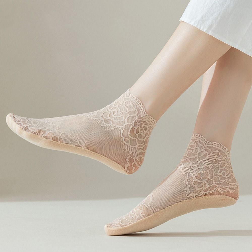 5Pairs Flower Transparent Tulle Socks Thin Tube Socks Women Fashion Mesh Lace Socks  Summer
