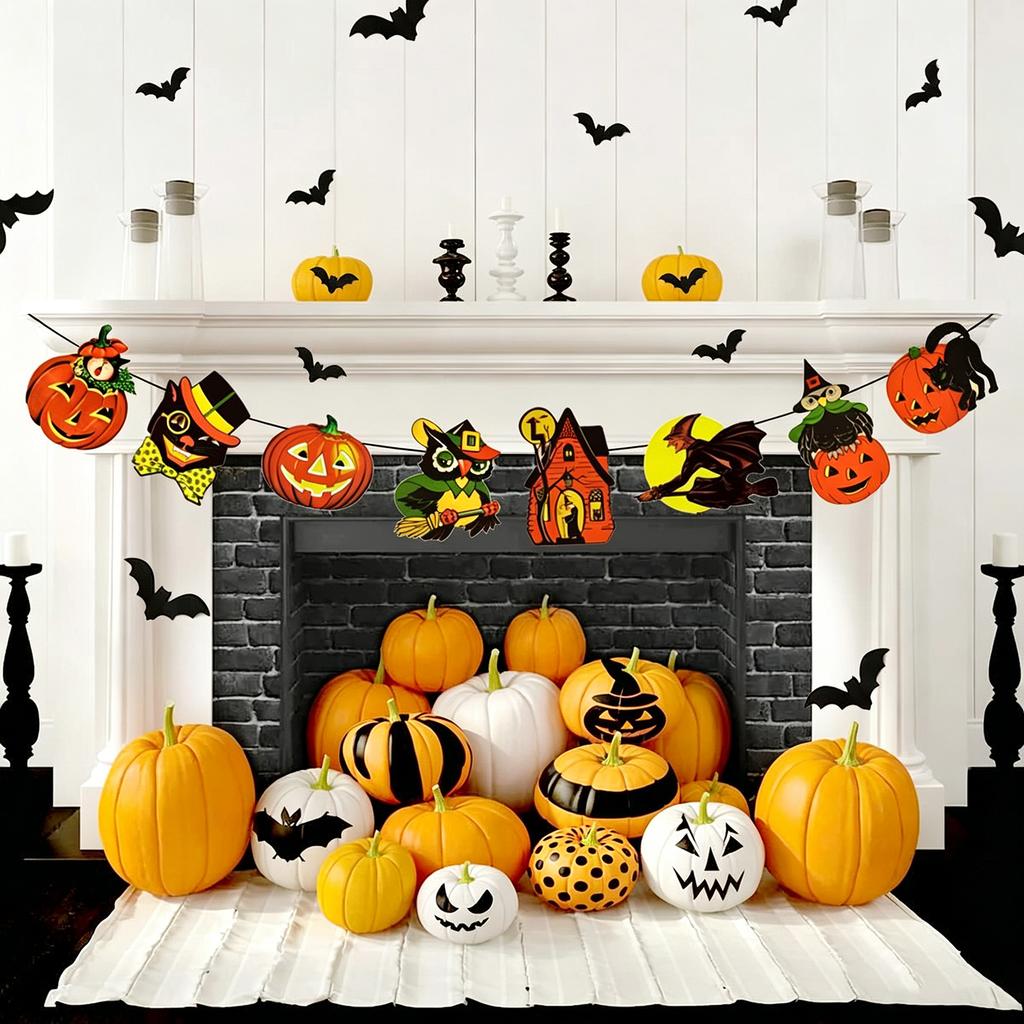Vintage Halloween Paper Banner Retro Pumpkin Black Cat Haunted House Garland For Home Wall Mantel Fireplace Party Decorations