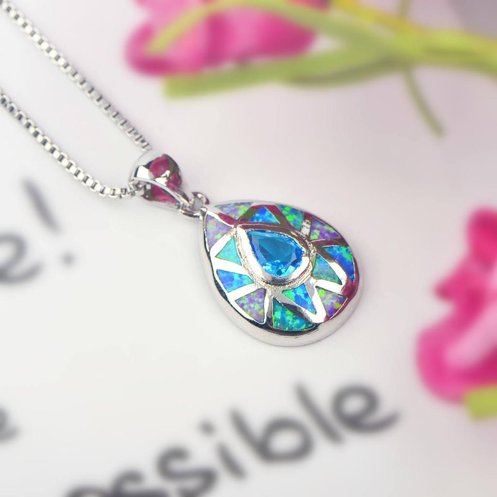 Aobao Christian Copper Link Chain Necklace with Silver Plated Water Drop Pendant Inlaid Opal