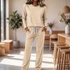 Women's Round Neck Long Sleeve Pajama Set with Drawstring Wide Leg Pants for Sleepwear Loungewear