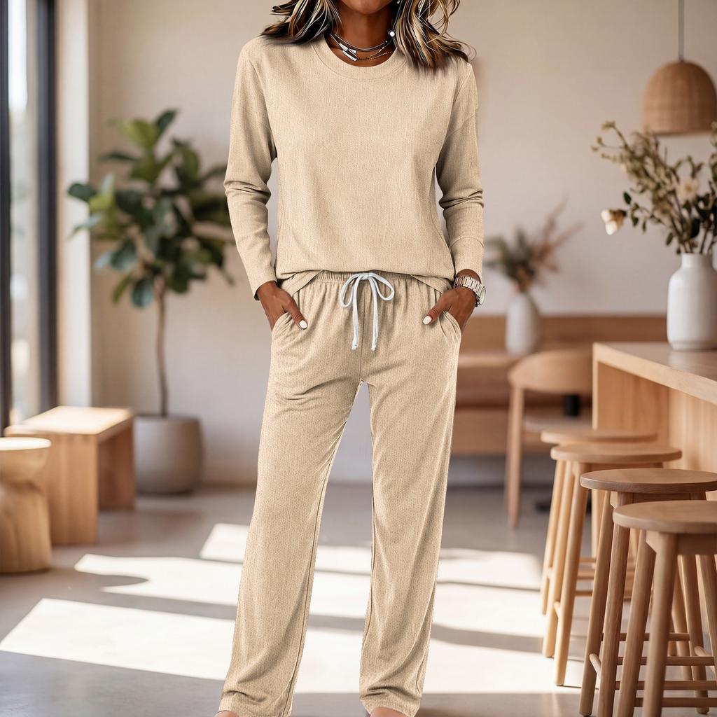 Women's Round Neck Long Sleeve Pajama Set with Drawstring Wide Leg Pants for Sleepwear Loungewear