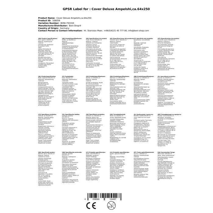 Housse de protection Deluxe pour parasol déporté, env. 64x250