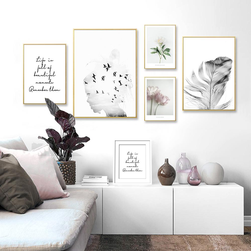 Ragazza Uccello Fiore Piuma Paesaggio Arte da Parete Citazioni Pittura su Tela Poster e Stampe Nordiche Immagini da Parete per Decorazione del Soggiorno