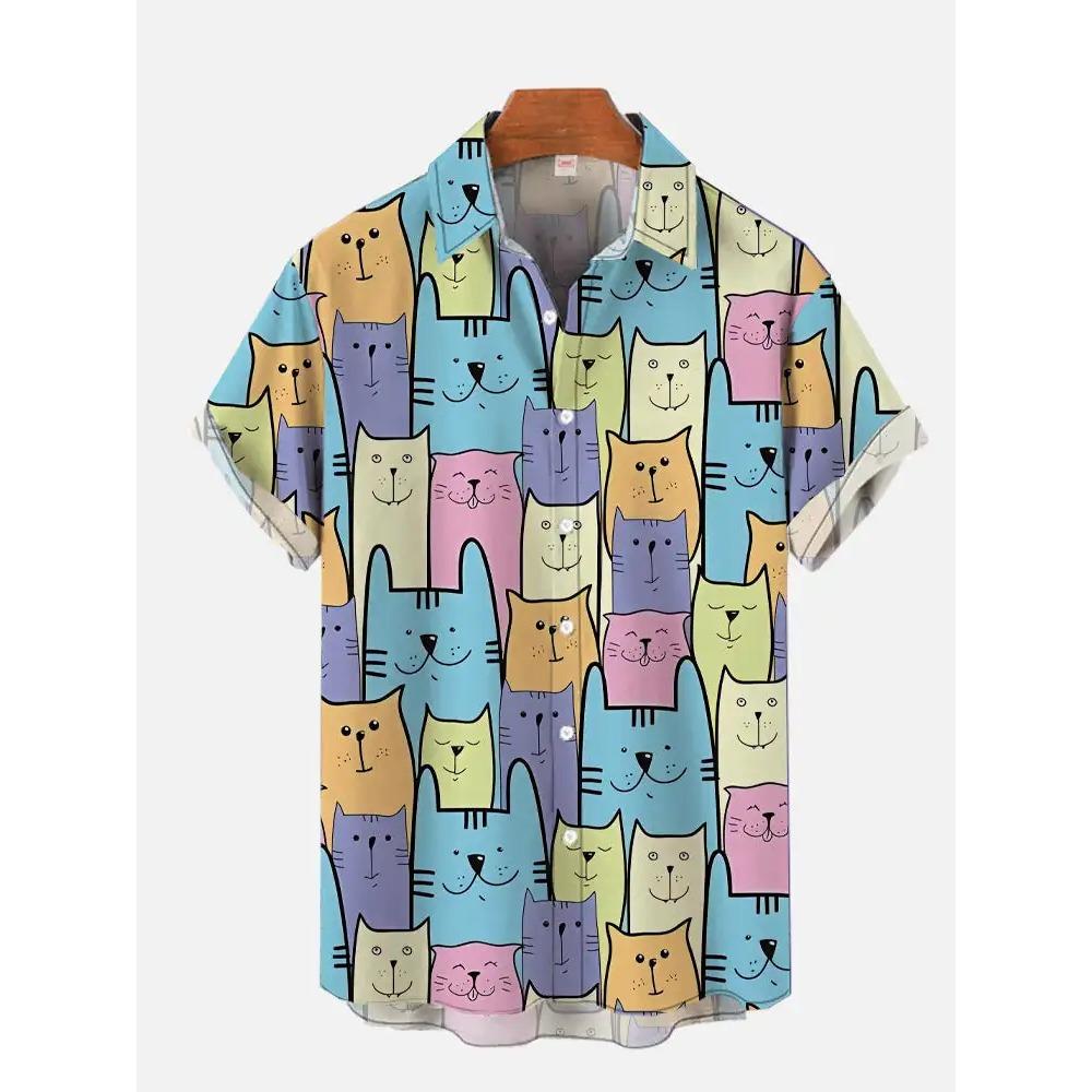 Men'S Cute Cat Printed Casual Shirt Daily Wear 3D Printing Classic Short Sleeve Fashion Hawaiian Shirts for Women Hrajuku