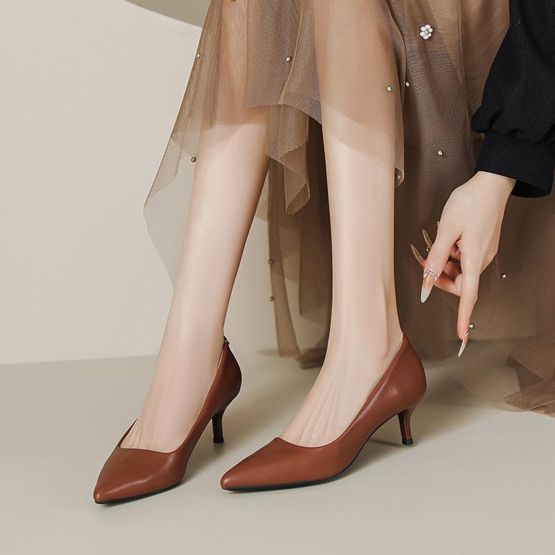 555-8 Nude high heels women's thin heels spring and summer French soft leather pointed temperament professional work shoes