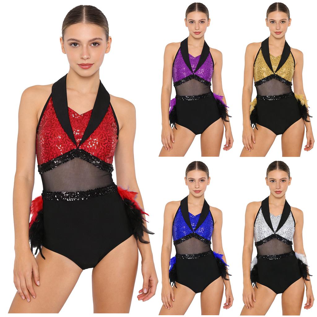 Damen Glitzernder Pailletten Farbblock Body Netz-Taille Feder Saum Ärmelloser Cutout Leotard