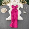 French Temperament Three-dimensional Flower V-tie Chest Pad Dress Women's Summer New Waist and Thin Hip-wrapped Split Dress