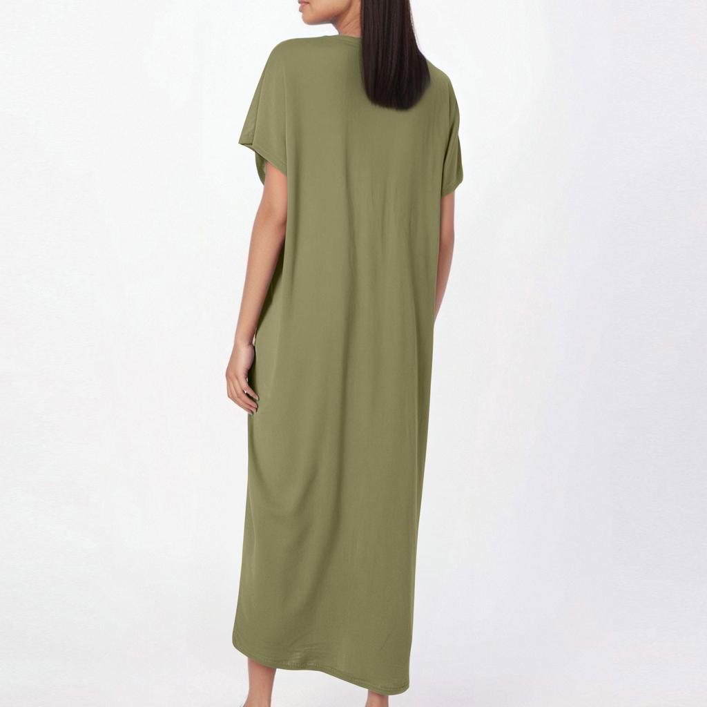 Women's Fashion Casual Loose Short Sleeve Round Tie Pocket Solid Color Maxi Dress