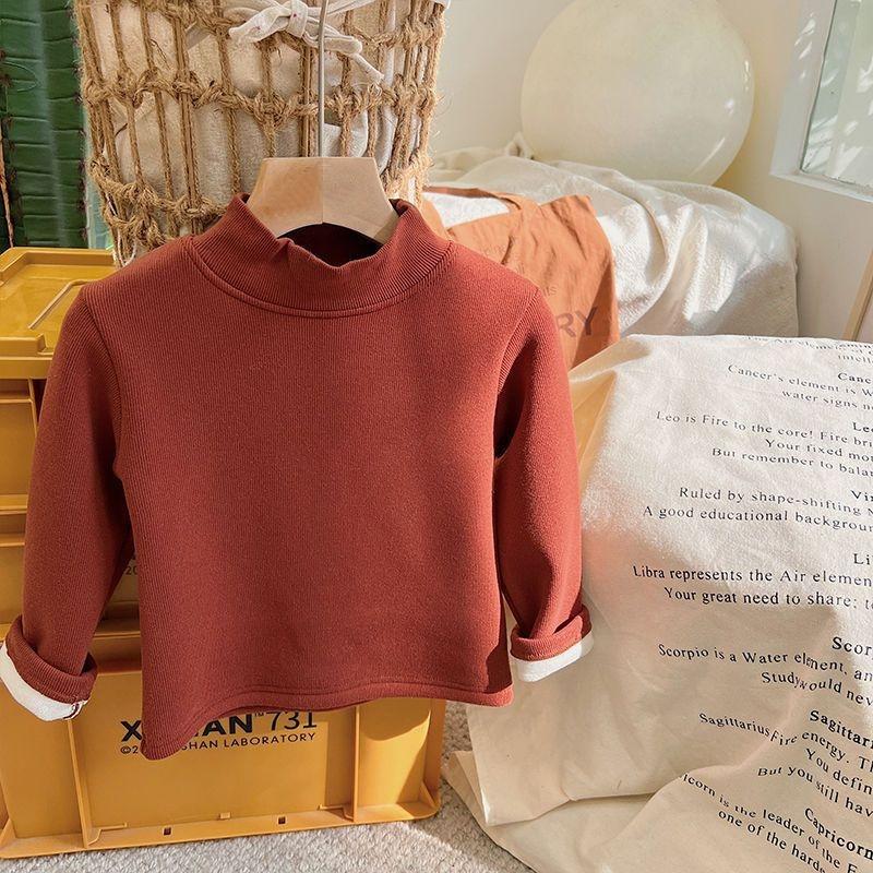 Children's Velvet Semi-turtleneck Bottoming Sweater Autumn and Winter Korean Baby Integrated Velvet Inner Top Tide