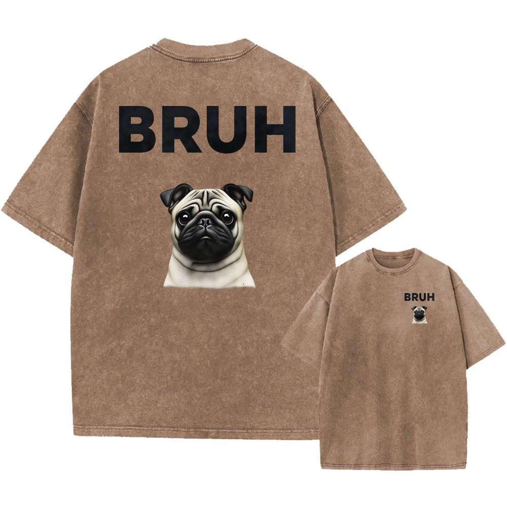 Oversized Vintage Washed TShirt Funny Pug BRUH Print Unisex Casual Tee XL
