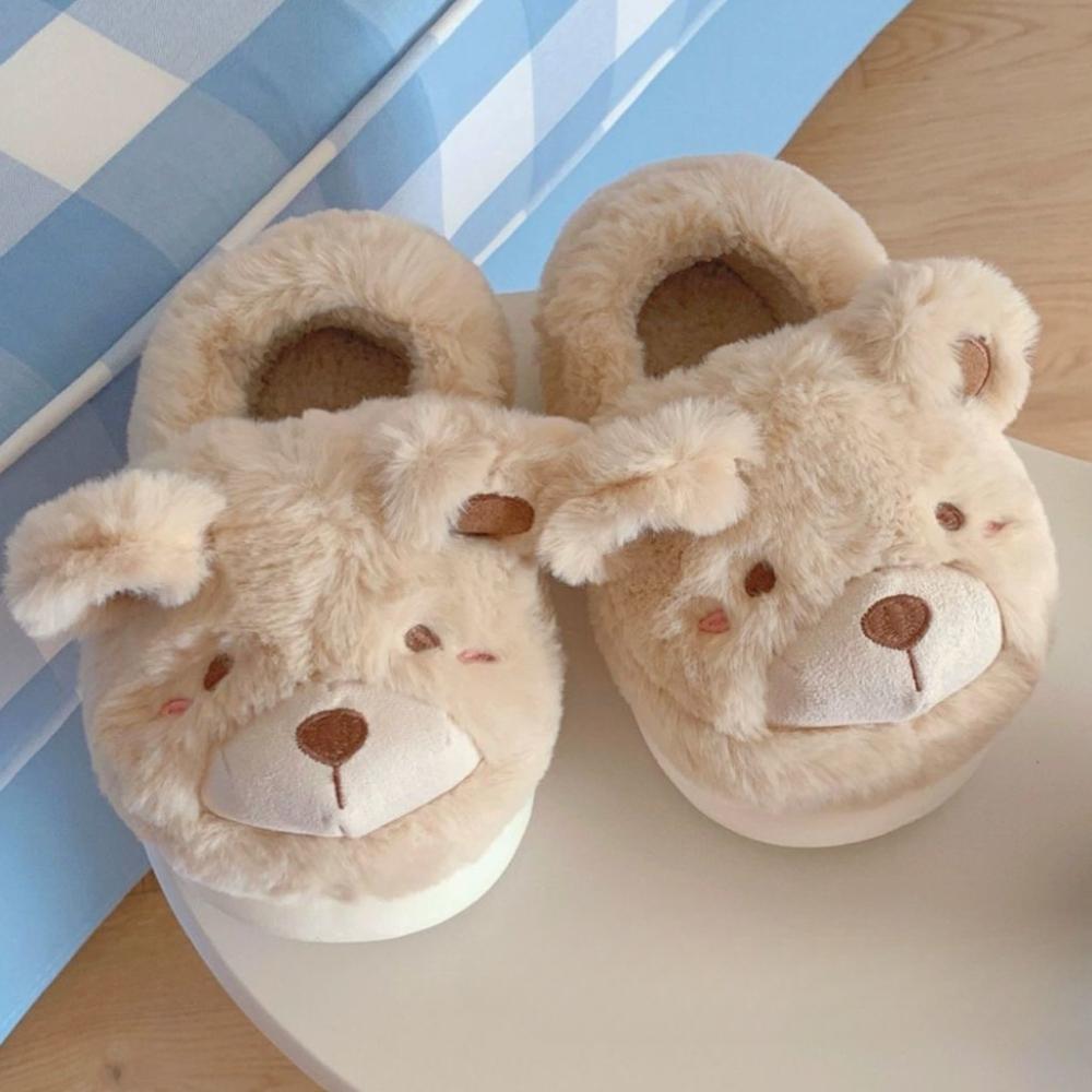 Fashion Cute Bear Single Band Winter New Women Slipper Soft Heel Platform Fur Warm Indoor Comfortable Home Fluffy Home Slippers