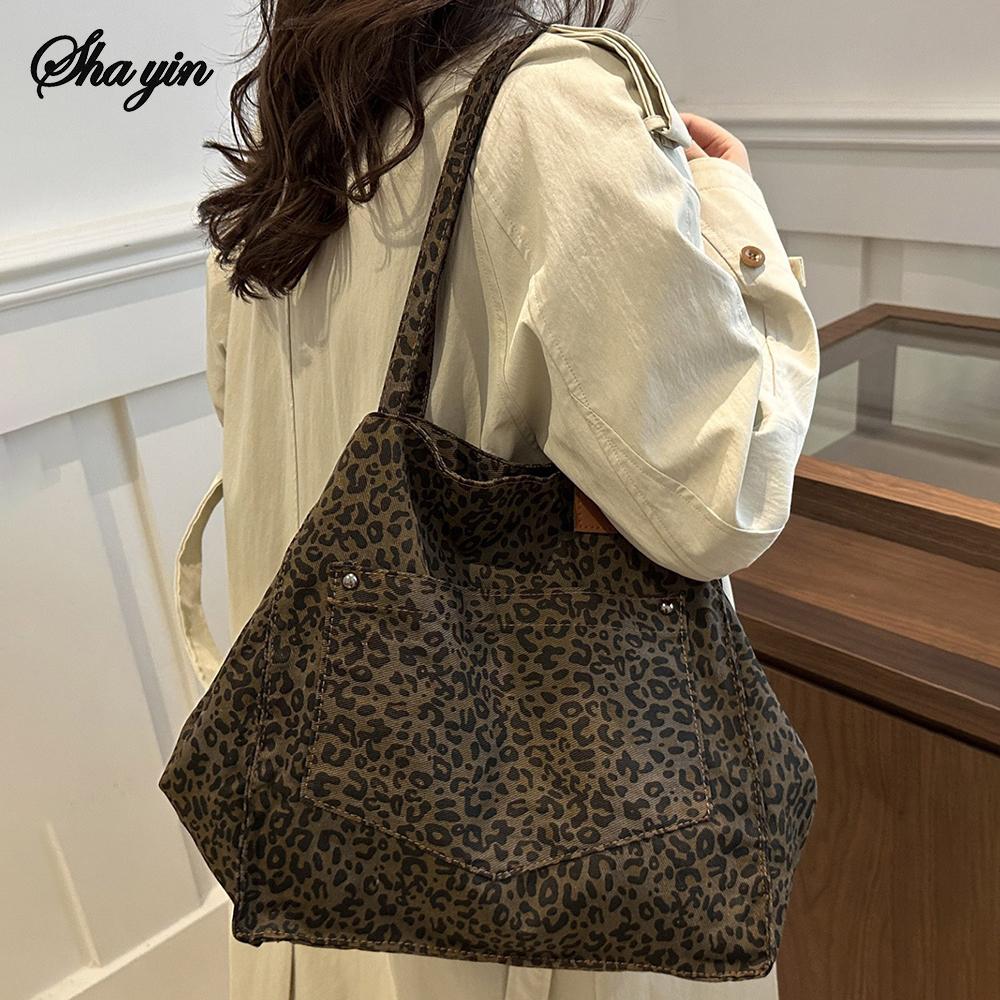 Leopard Print Tote Bag for Women, Large Capacity Vintage Shoulder Bag, Versatile Handbag for Commute, Shopping & Mother's Use
