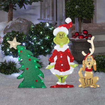 Letrero Navideño LED para Patio Grande Árbol Elfo Verde Perro Trineo Letrero Navideño para Patio para Invierno Césped Jardín Patio Decoración Exterior