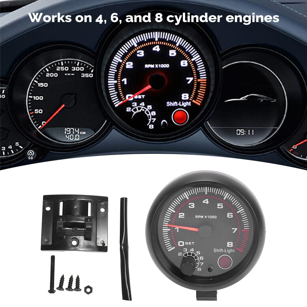Shkalacar 3.75" Autogage Tachometer - Universal Car Gauge With White Inter Shift Light 0-8000 RPM - Black and White Light Instrument for 12V Petrol