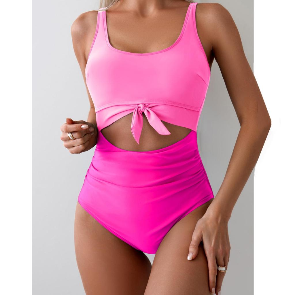 Women's One-Piece Swimsuit With Cross Straps To Cover The Belly, Conservative Solid Color Patchwork Swimsuit