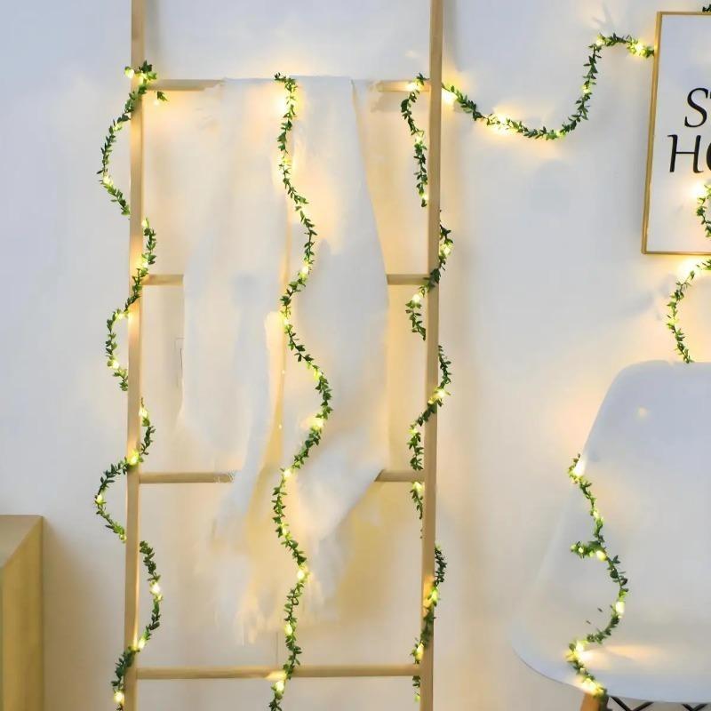 Artificial Green Leaf String Lights, Battery Powered LED Simulation Flower Greenery Garland, Fairy Lights for Wedding Room Indoor Wall Home Decor