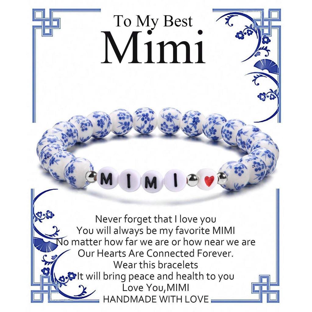 GIGI NANA Blue & White Porcelain Beaded Bracelet - Ethnic Style Elastic Birthday Gift