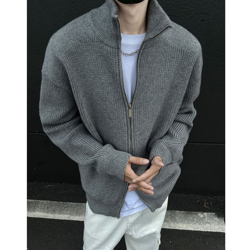 No Logo Official Lazy Style Sweater for Men, Autumn and Winter Double Zipper Cardigan, Stand Collar Knitwear Jacket for Boys