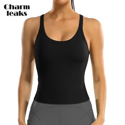 Women Ribbed Workout Crop Tops with Built In Bra Yoga Racerback Tank Top Tight Fit
