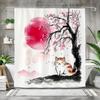 Smiling Cat and Cherry Blossom Shower Curtain, Waterproof Fabric Bath Japanese Ink Art Design, Cute Cat Lovers Bathroom Decor