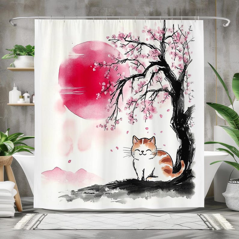 Smiling Cat and Cherry Blossom Shower Curtain, Waterproof Fabric Bath Japanese Ink Art Design, Cute Cat Lovers Bathroom Decor
