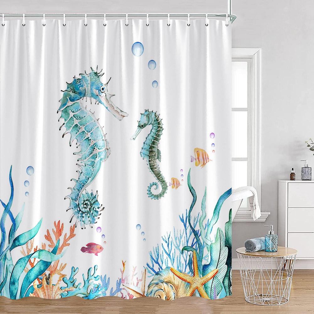 Cartoon Ocean Animals Watercolor Shower Curtains Octopus Turtle Jellyfish Whale Sea Bathroom Decorations Polyester Bath Curtains