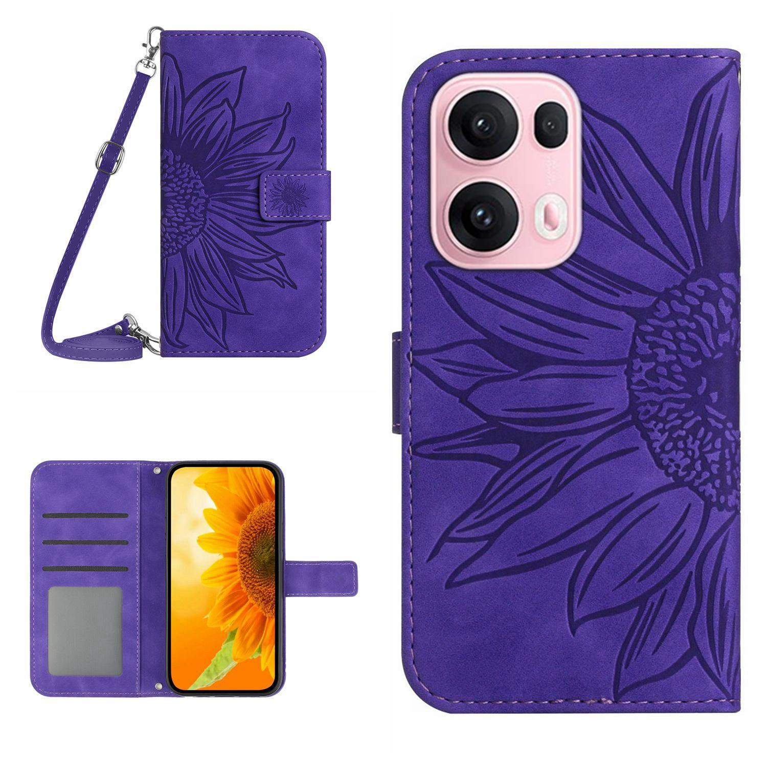 

For Oppo Reno13 Pro 5G Case Sunflower Imprint PU Leather Phone Cover with Long Strap Dark Purple