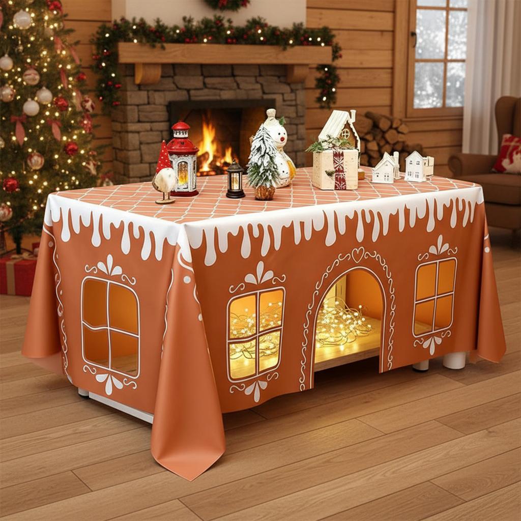 Christmas Gingerbread Playhouse Wateproof Tablecloth Washable House Table Cover Decor for Kids Table Tent Indoor & Outdoor