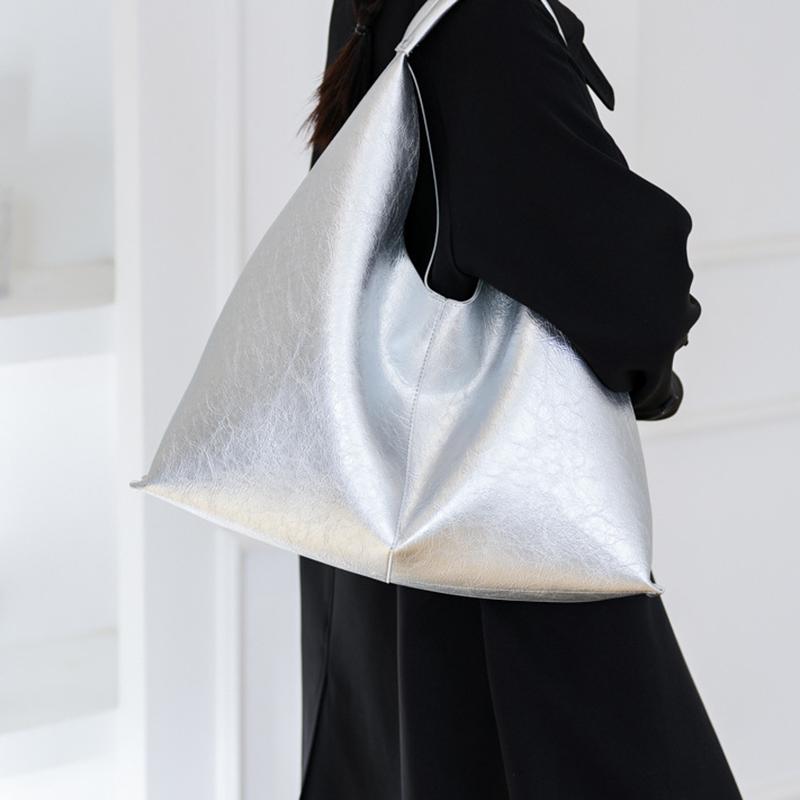 Large Capacity Silver Brand Hobo Bag for Women Luxury Designer PU Leather Trigle Purse Trend Casual Shopper Handbag