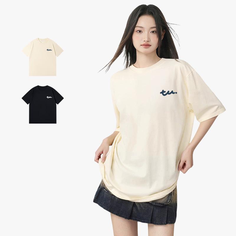 Japanese Minimalist Women's TU Print Cotton T-Shirt - Loose Short Sleeve, Round Neck, Trendy and Versatile Summer Top