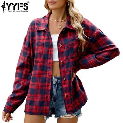Women's Fashion Casual Spring Fall Plaid Print Long Sleeve POLO Neck Blouses & Shirts
