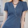 Women's Denim A-Line V-Neck Midi Dress