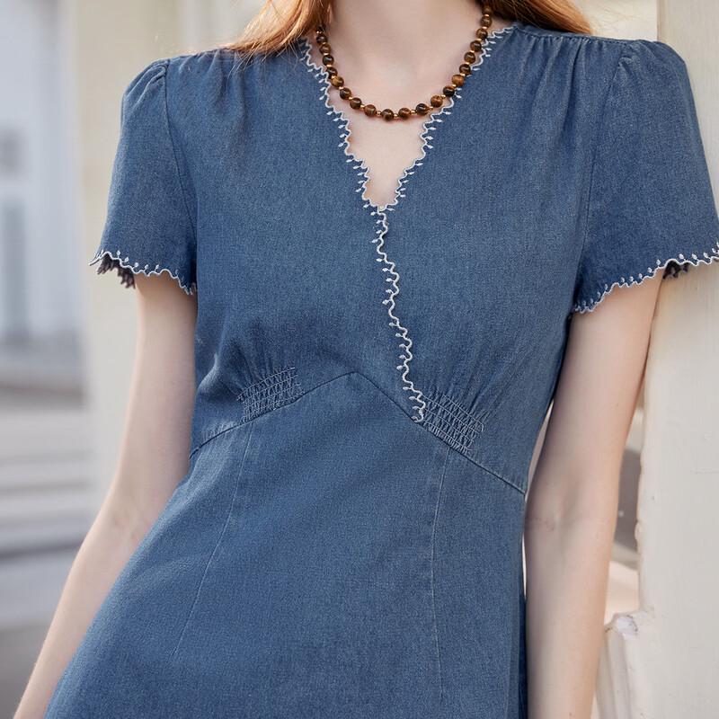 Women's Denim A-Line V-Neck Midi Dress