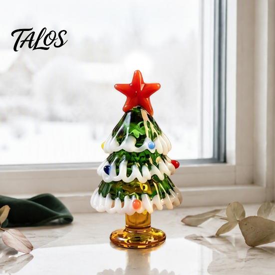 Small Christmas Gift for Home Handmade Glass Mini Tree Figurine, Blown Tabletop Ornament with Festive Holiday Decoration Star Topper, Desktop