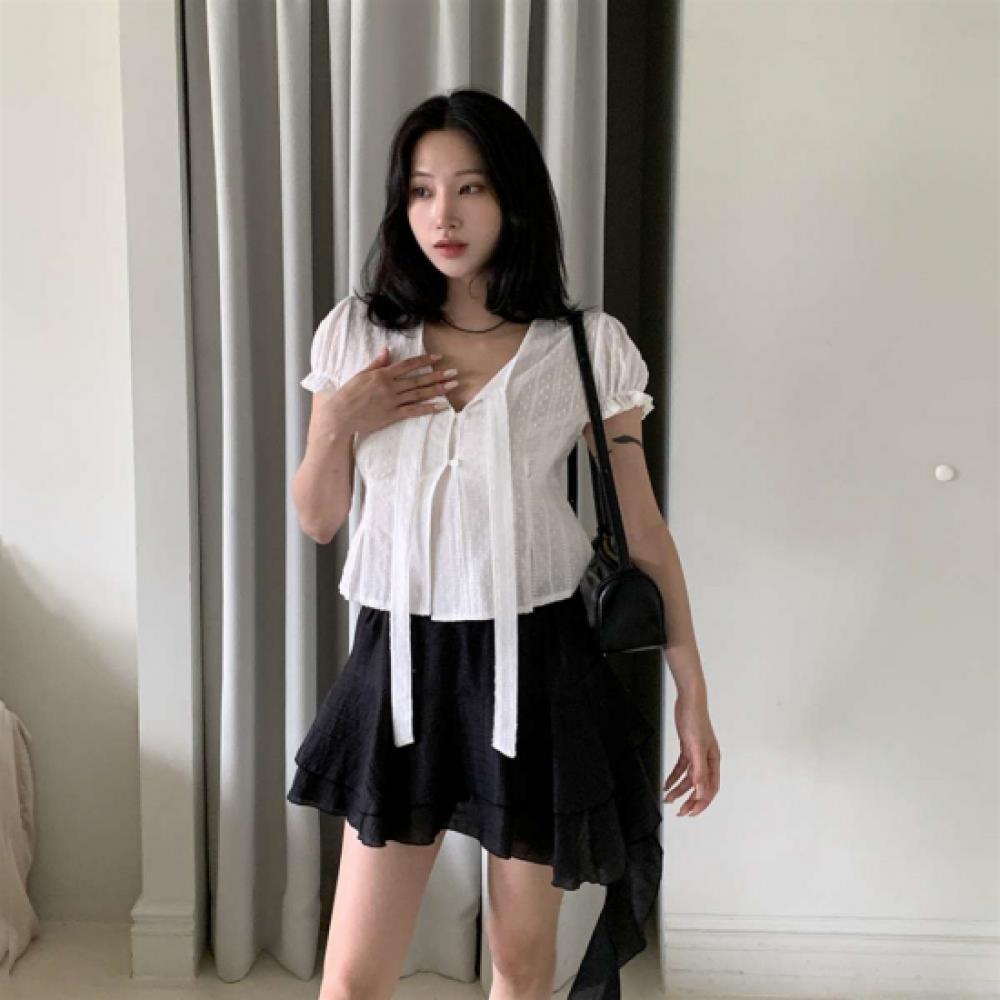 New Arrivals Open Run Women Puff Sleeve Strap Shirring Blouse
