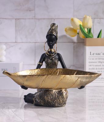Escultura de Niña Africana Sosteniendo un Plato, Adorno Decorativo de Almacenamiento para Hogar y Oficina, Artesanía Coleccionable Vintage Decoración de Escritorio