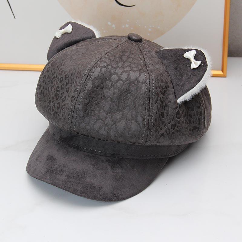 Autumn and winter new cute leopard print cat ears octagonal hat Spice girl fashion newsboy hat women warm duck tongue beret tide