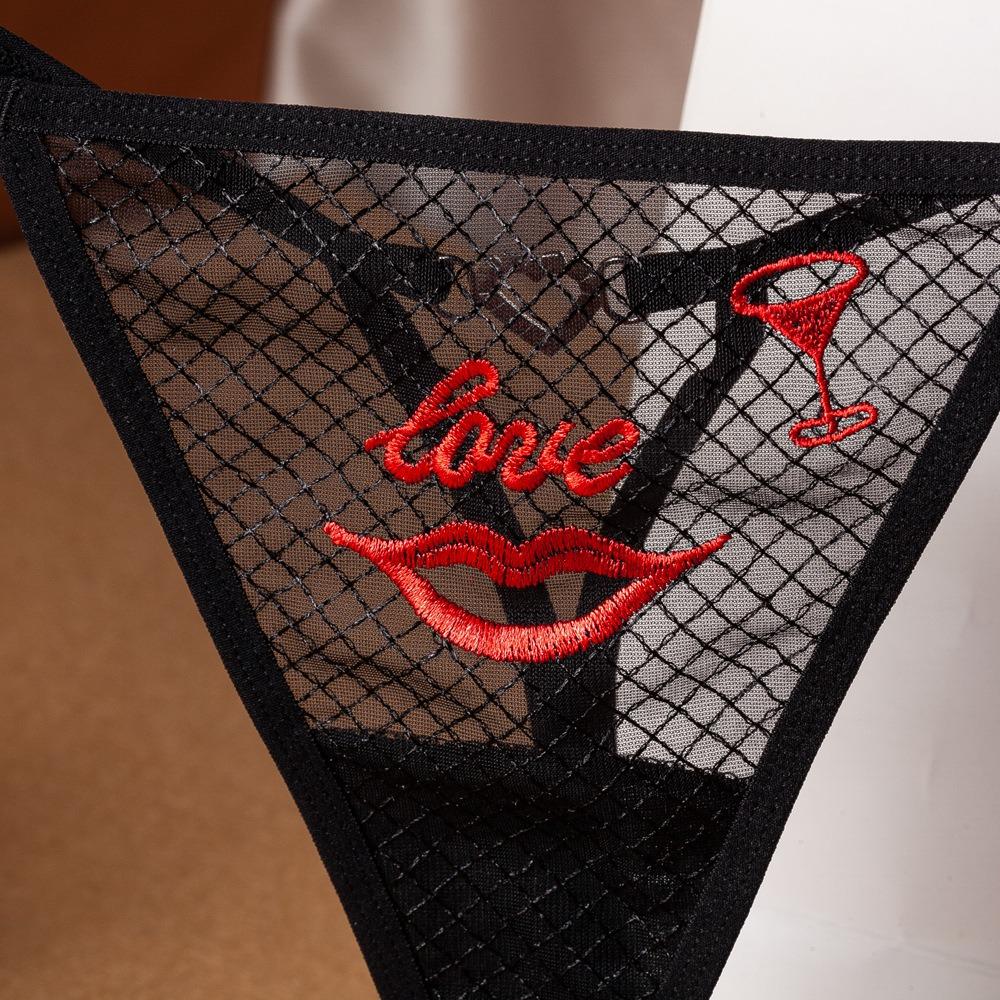 Sexy Plaid Perspective Thong Women's Hot Hollowed-out Embroidered Love Diamond Jewelry Beautiful Buttocks Low Waist Thin Belt Seduction Panties