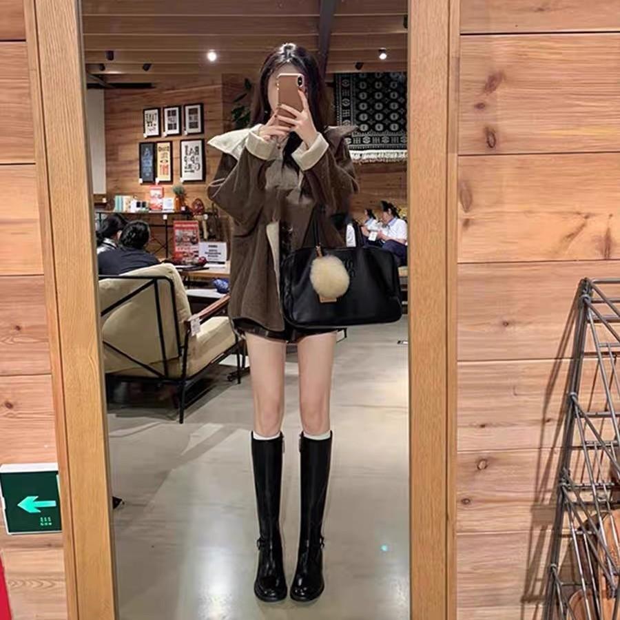 Cowhide~ Grape Mom Same Retro Boots Women's Double Buckle Belt But Knee Boots Side Zipper Thick Heel Knight Boots