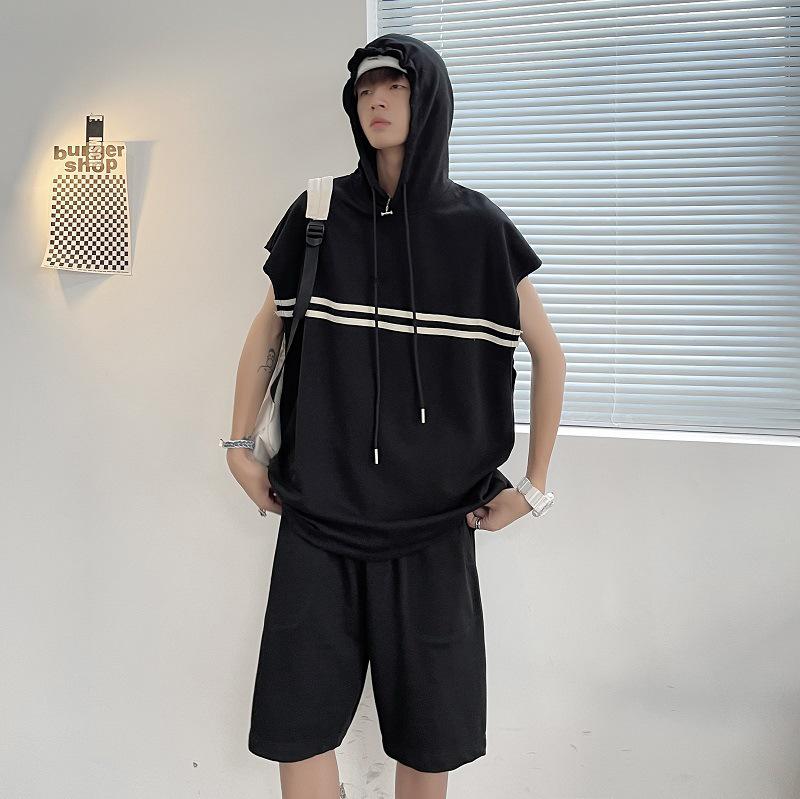 

Мужской модный летний комплект без рукавов с капюшоном - повседневная спортивная одежда из двух предметов 3XL чёрный