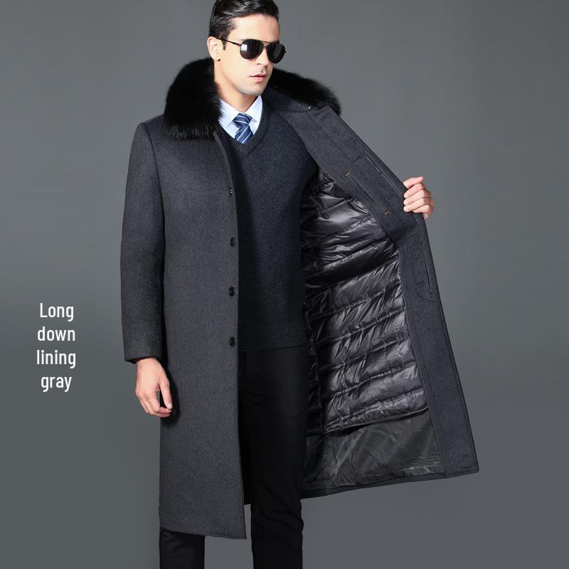 Men's Winter Wool Overcoat with Real Fur Collar and Detachable Liner - Knee-Length Jacket for Middle-Aged and Elderly